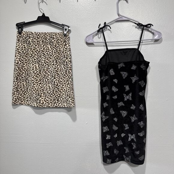Lot of 2 Shein Balck Velour Butterflies Dress & Animal Print Skirt Girls 11/12 - Picture 2 of 7